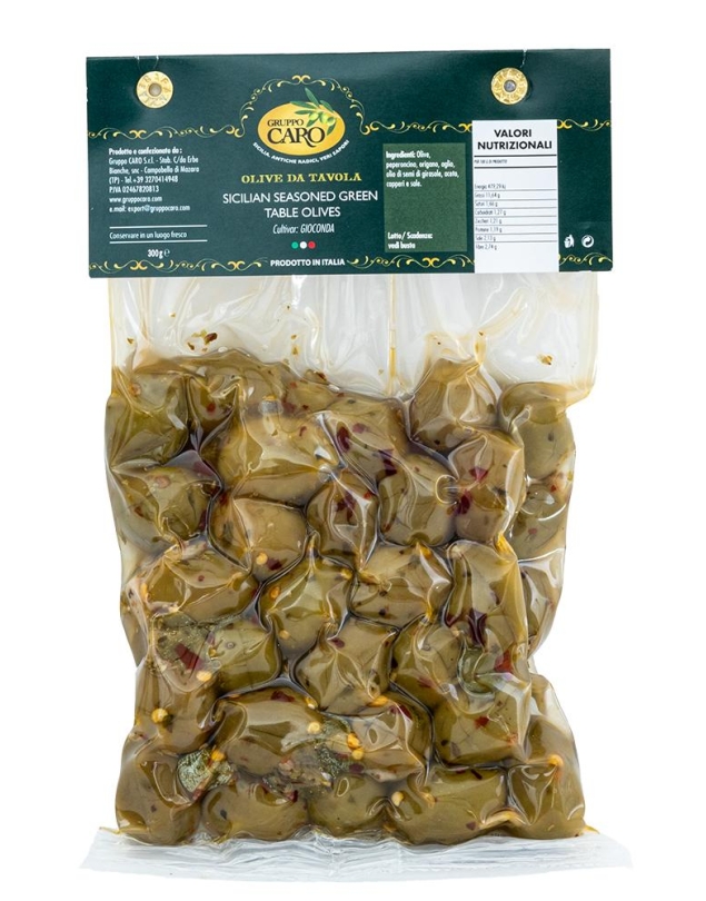 Olives de table vertes assaisonnées de Sicile variété Gioconda