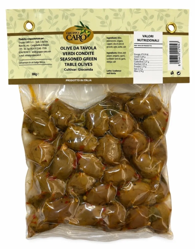 Olives de table vertes assaisonnées de Sicile variété Gioconda