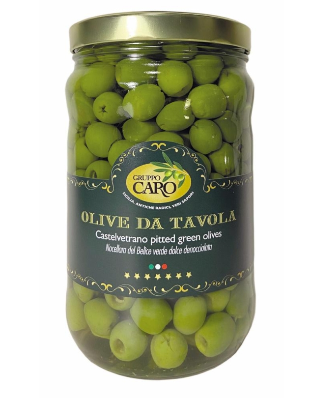 Olives vertes douces dénoyautées Nocellara del Belìce en pot en verre